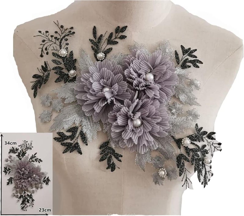 Ruinuo 3D Lace Beads Flower Applique Patches Sew on Patches Floral Embroidered Appliques Colorful Sewing Wedding Dress Handmade Decor Purple - Image 1